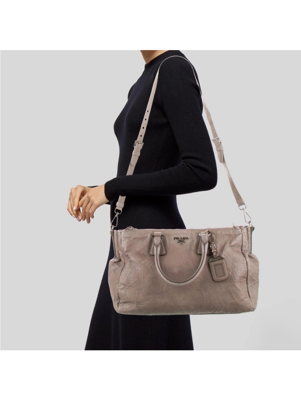 PRADA Nappa Antique Leather Double Zip Convertible Tote Bag